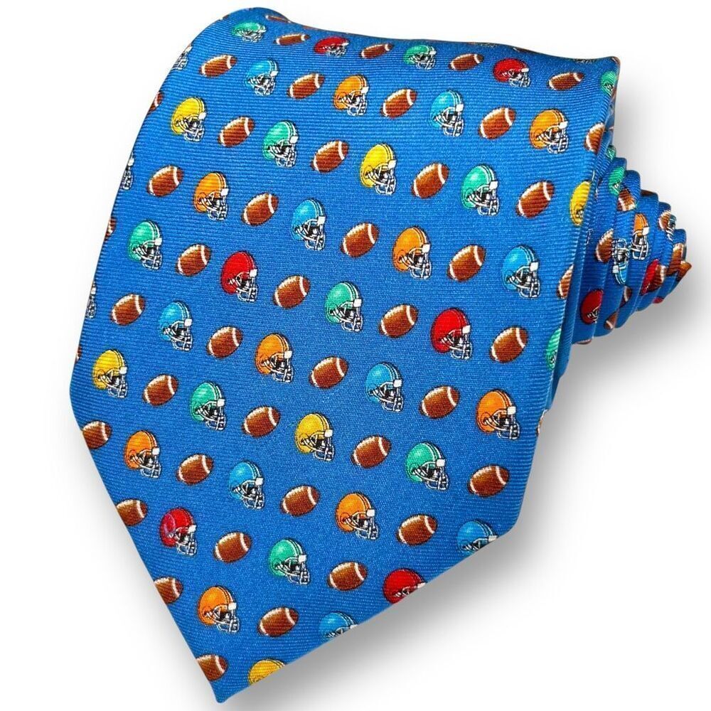 ALYNN Men’s Blue “Footballs & Helmets” Sports Motif 100% Silk Novelty Tie
